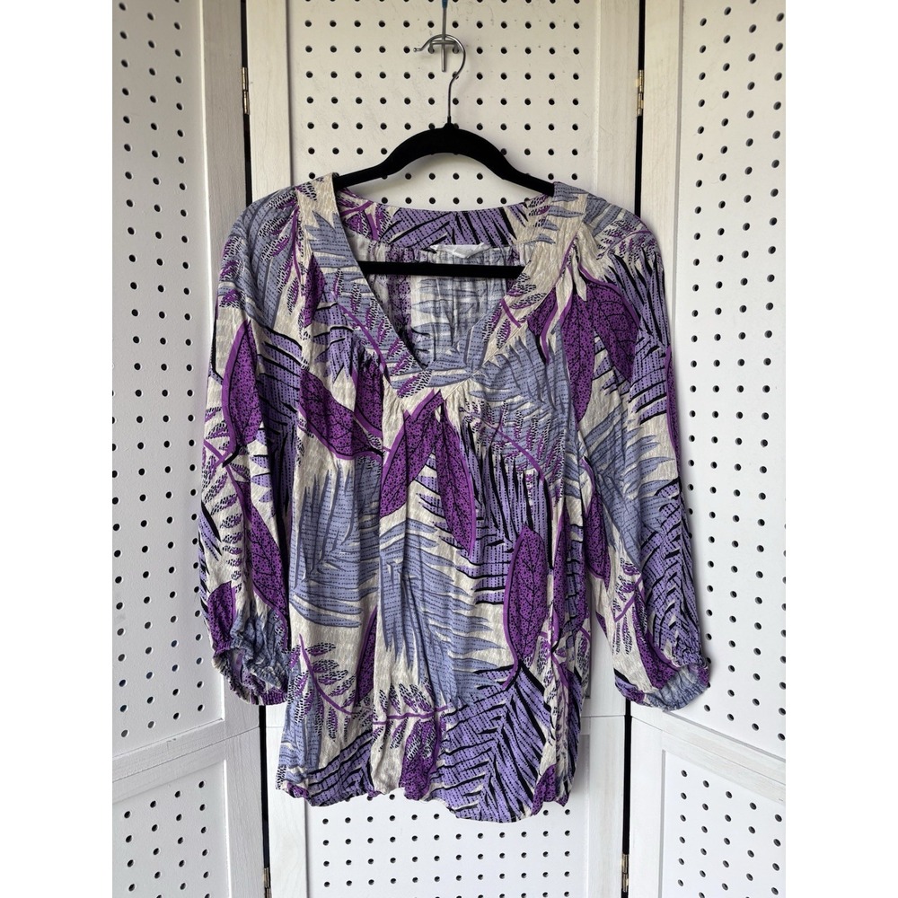 Jane & Delancey Women's M 3/4 SLV Feather Semi Sheer Blouse V Neck Purple